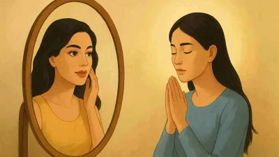 Ilustrasi wanita bercermin melihat dua sisi dirinya — satu berpenampilan cantik, satu berdoa dengan tenang — simbol keseimbangan antara merawat dan menjaga diri.