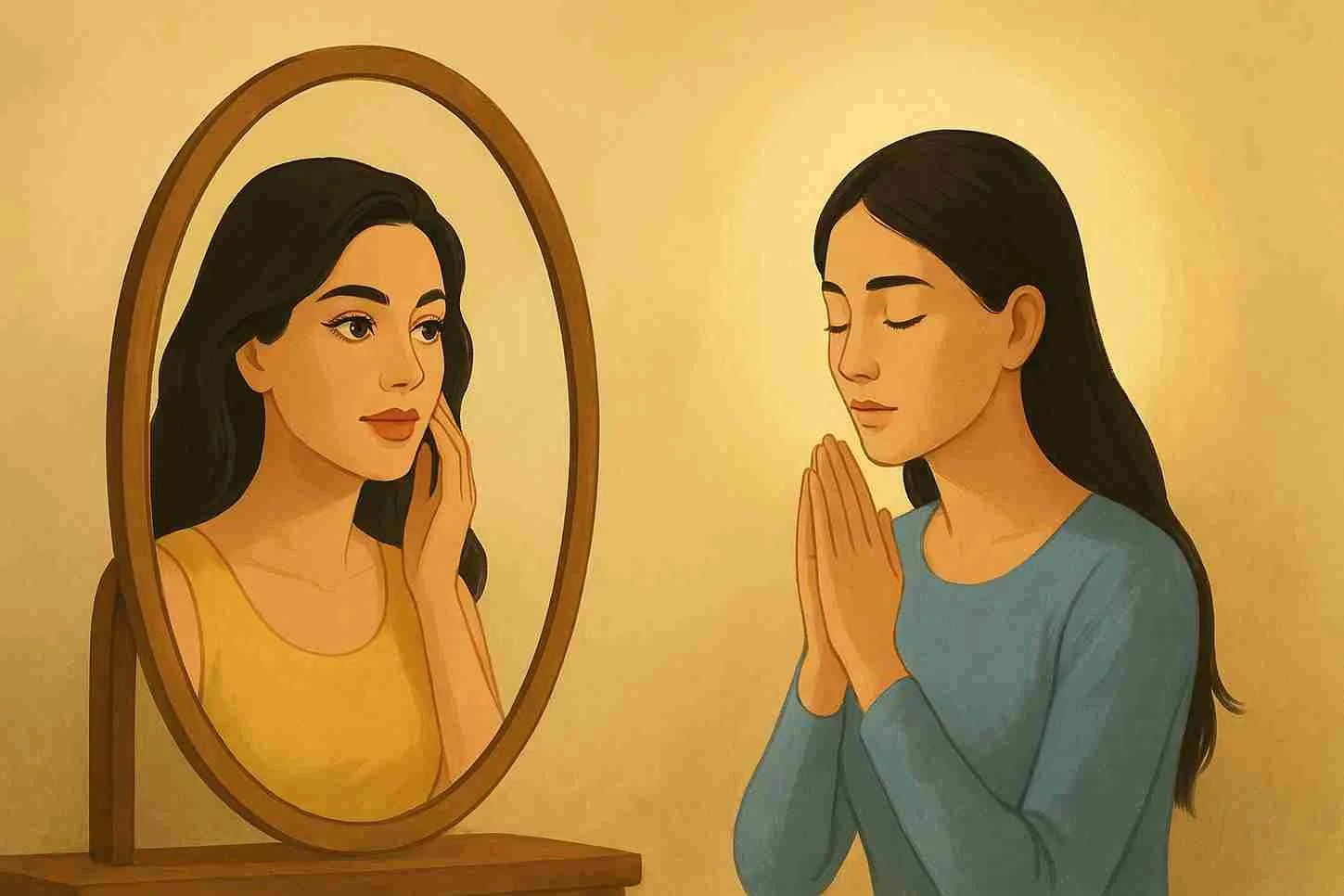 Ilustrasi wanita bercermin melihat dua sisi dirinya — satu berpenampilan cantik, satu berdoa dengan tenang — simbol keseimbangan antara merawat dan menjaga diri.