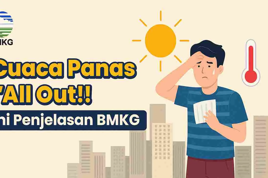 Ilustrasi cuaca panas ekstrem di Indonesia dengan pria kepanasan di bawah terik matahari, disertai teks “Cuaca Panas All Out!! Ini Penjelasan BMKG”.