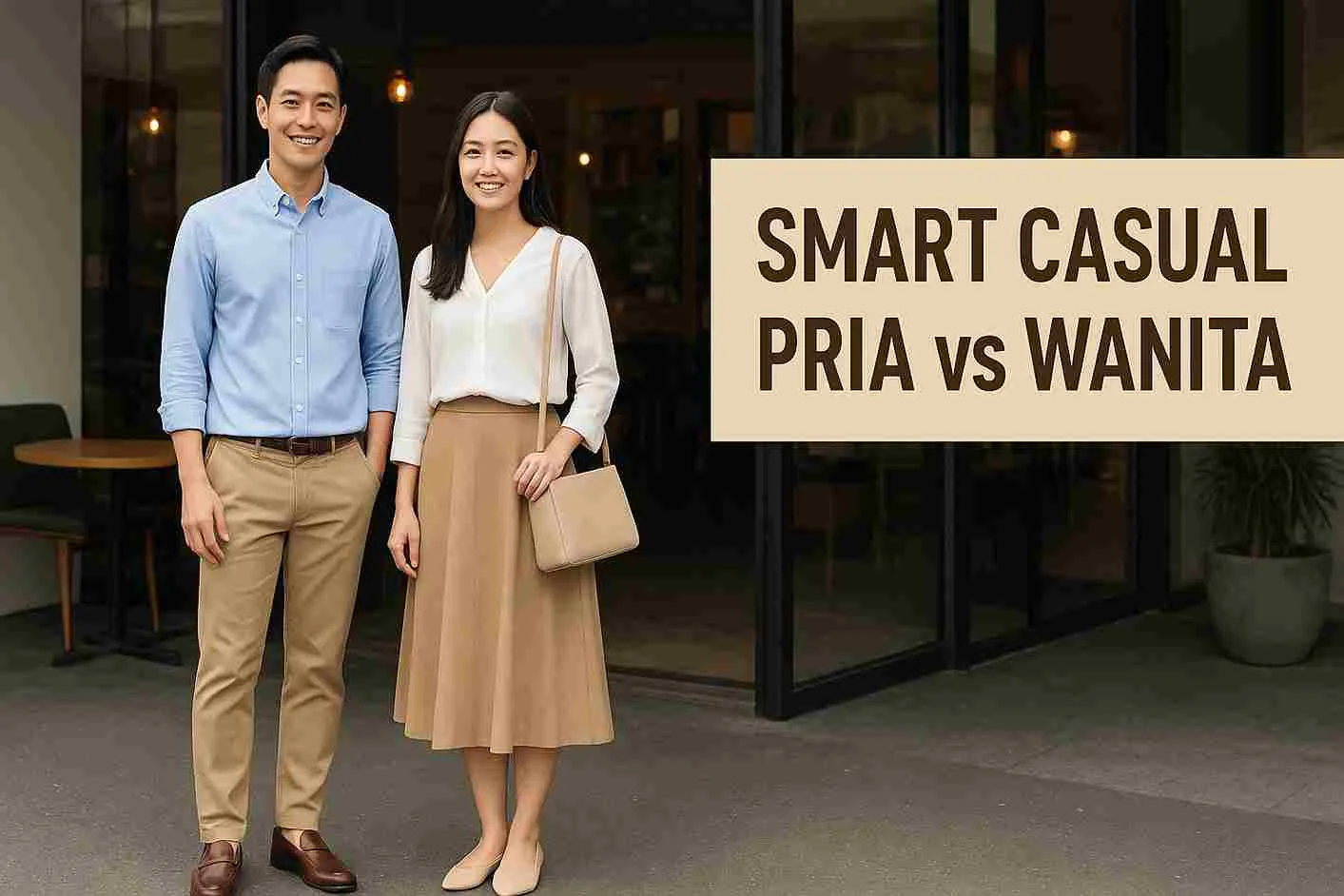 Pria dan wanita Indonesia bergaya smart casual berdiri di depan kafe dengan tampilan rapi dan elegan.