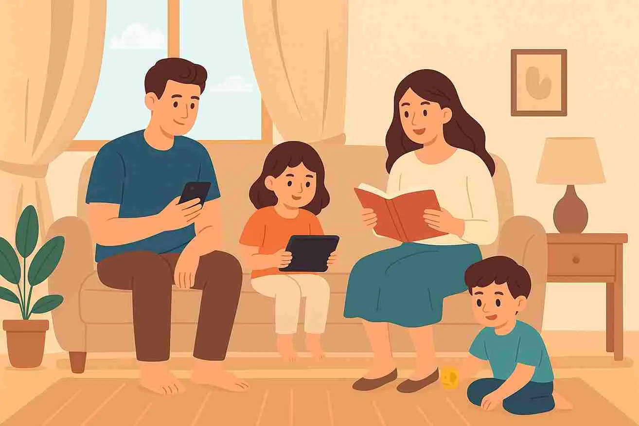 Ilustrasi keluarga muda sedang quality time di ruang tamu, anak-anak bermain dengan tablet dan mainan, sementara orang tua membaca buku dan melihat ponsel.