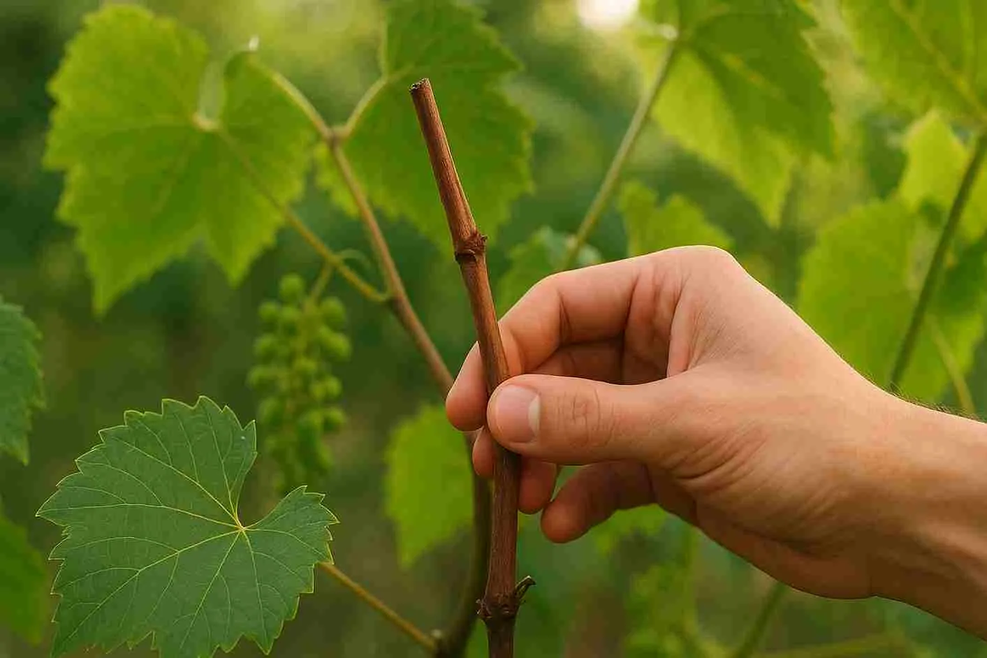 Tanda pohon anggur siap dibuahkan dengan batang tersier coklat dan daun hijau segar di kebun anggur.