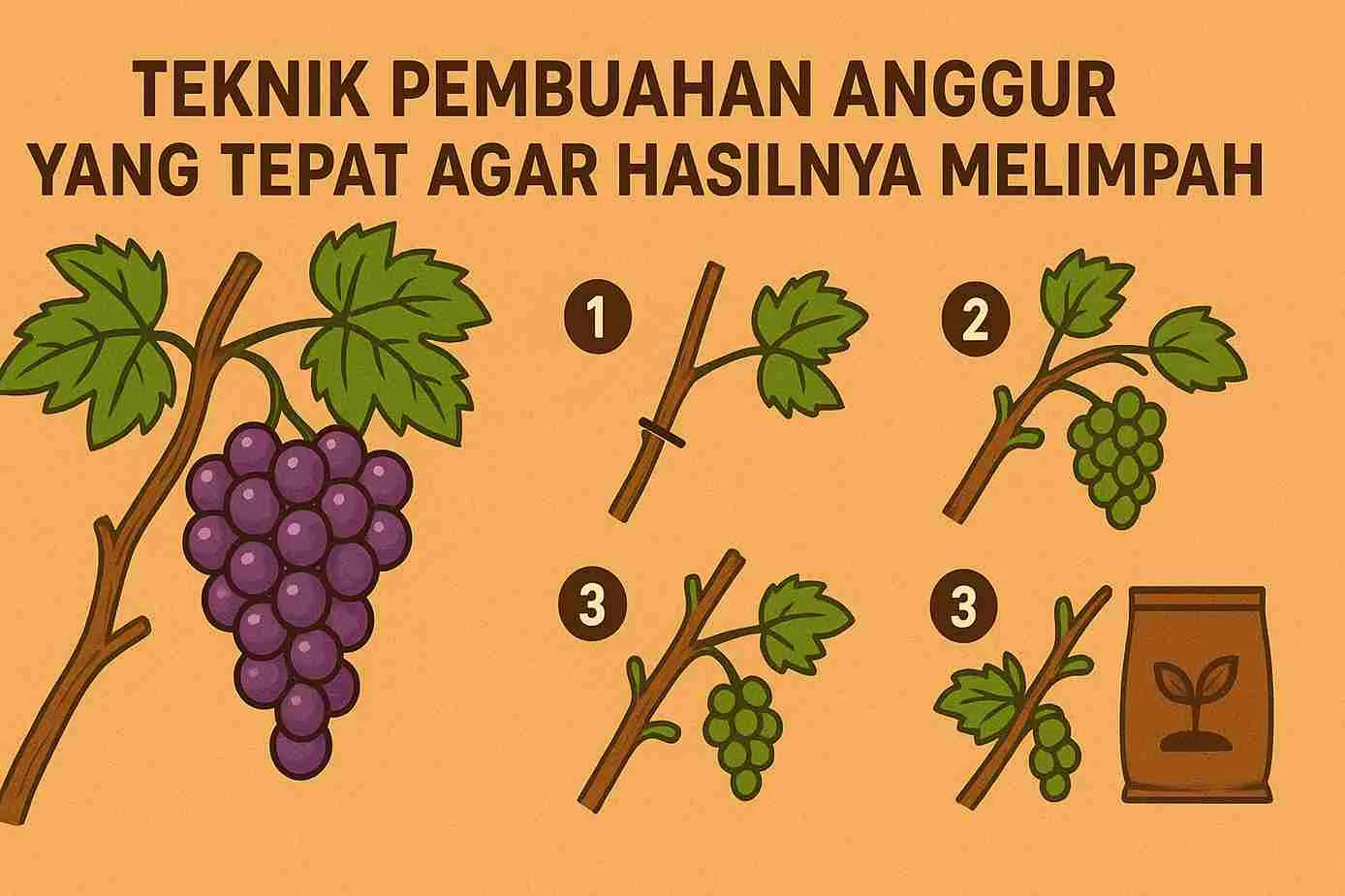 Ilustrasi teknik pembuahan anggur yang tepat agar hasil panen melimpah, menampilkan tahapan pemangkasan, pertumbuhan tunas baru, dan pemupukan generatif.