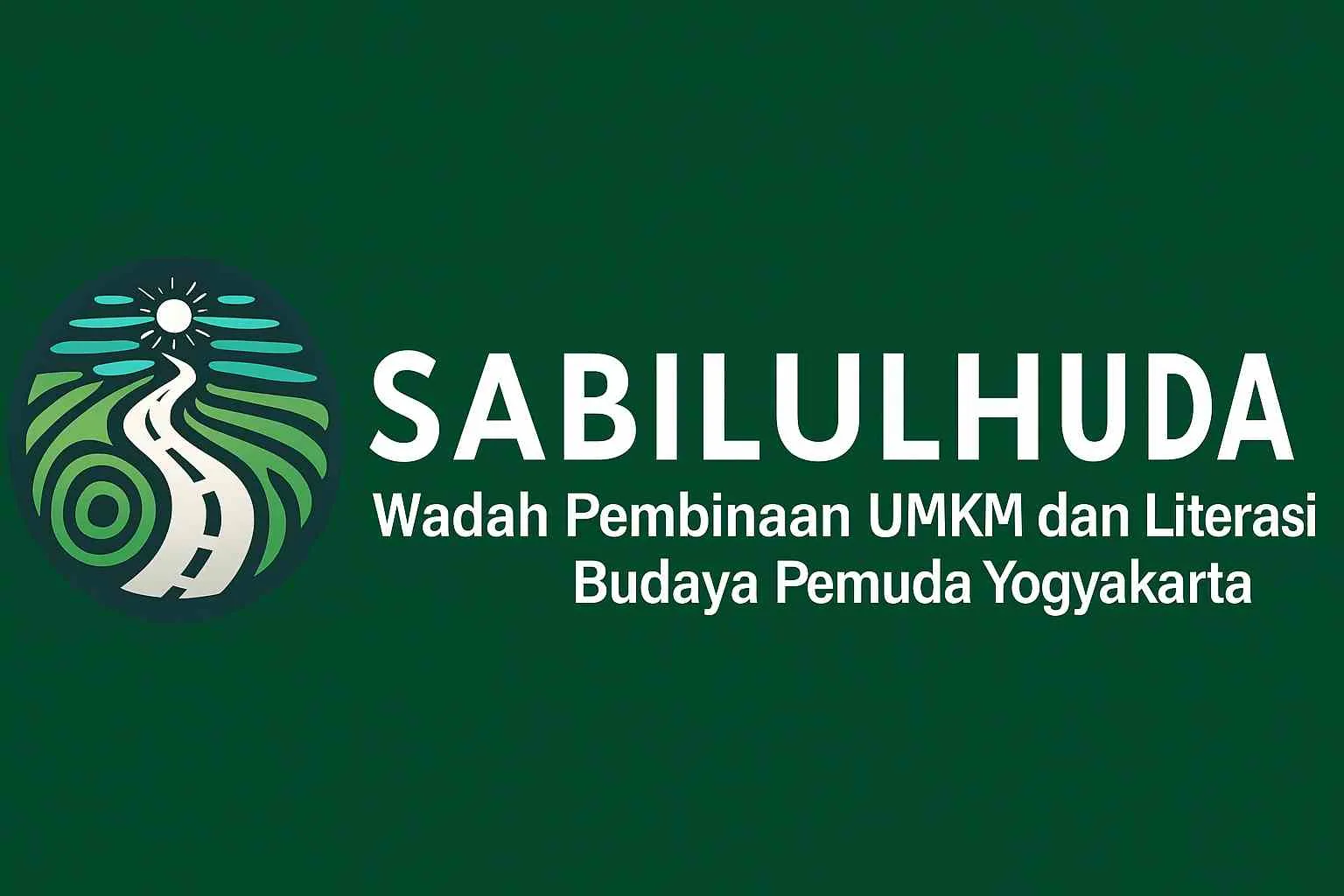 Logo dan tulisan Sabilulhuda dengan latar hijau, menampilkan simbol jalan menuju cahaya dan teks “Wadah Pembinaan UMKM dan Literasi Budaya Pemuda Yogyakarta”.