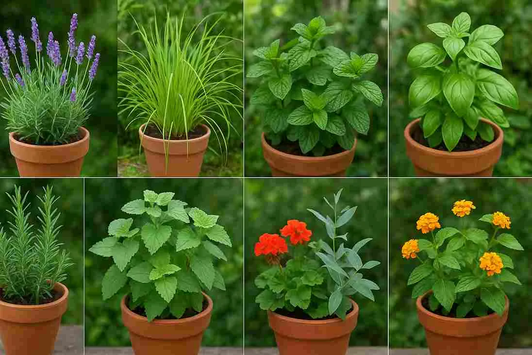 Sepuluh tanaman hias pengusir nyamuk alami seperti lavender, serai, mint, kemangi, rosemary, dan lainnya dalam pot hias di taman.