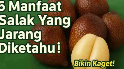 Thumbnail buah salak segar terdiri dari salak utuh dan salak yang dikupas, ditampilkan dalam gaya fotografi close-up dengan teks edukatif mengenai manfaat kesehatan salak. Warna dominan hijau dan coklat dengan desain thumbnail 16:9 untuk artikel kesehatan.