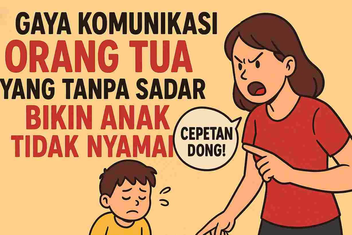 Ilustrasi ibu sedang memarahi anak kecil dengan nada keras sambil berkata “Cepetan dong!”, menggambarkan gaya komunikasi orang tua yang tanpa sadar membuat anak merasa tidak nyaman.