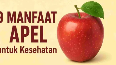Gambar apel merah segar dengan daun hijau di atasnya dan tulisan “9 Manfaat Apel untuk Kesehatan” pada latar belakang krem.