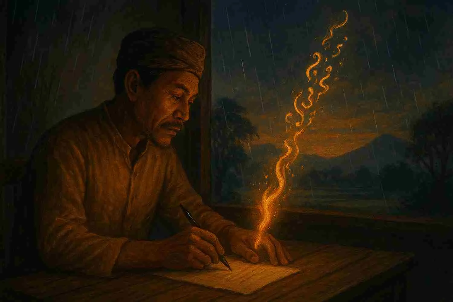 Ilustrasi penyair Indonesia menulis di meja kayu dengan cahaya api keluar dari pena, berlatar hujan senja dan pemandangan desa Nusantara.