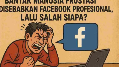 Ilustrasi satir seorang pria frustasi menatap laptop dengan logo Facebook di layar, menggambarkan keresahan pengguna terhadap Facebook Profesional.