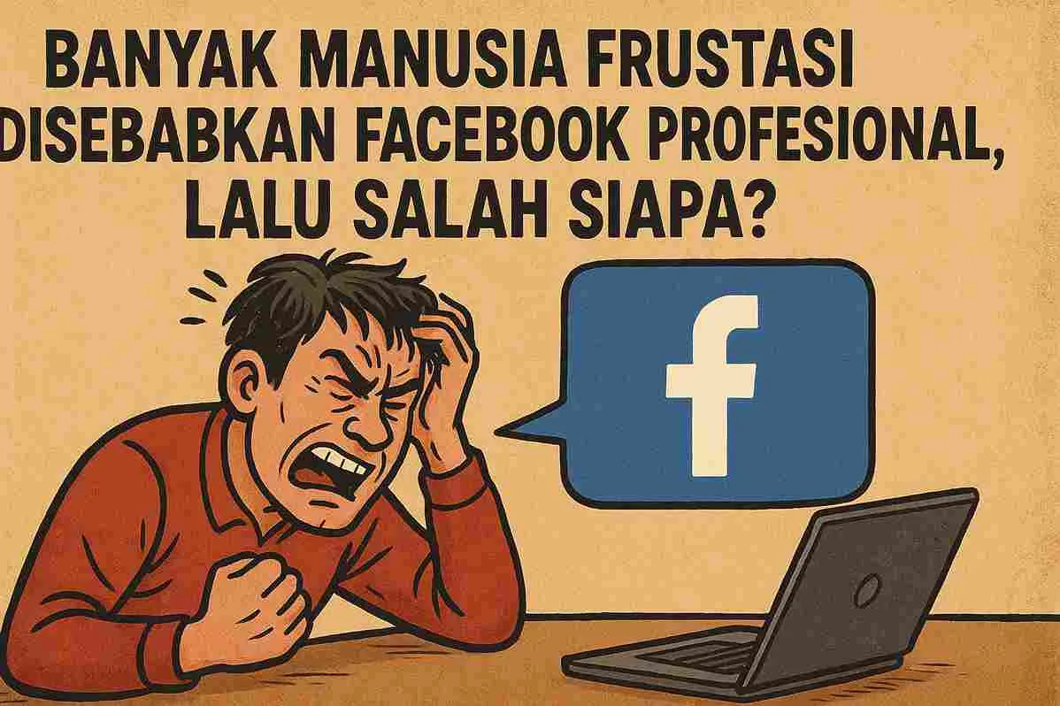 Ilustrasi satir seorang pria frustasi menatap laptop dengan logo Facebook di layar, menggambarkan keresahan pengguna terhadap Facebook Profesional.