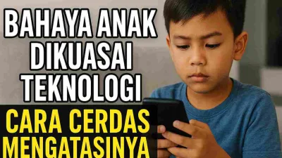 Seorang anak laki-laki sedang menatap smartphone dengan serius, menggambarkan bahaya anak dikuasai teknologi.