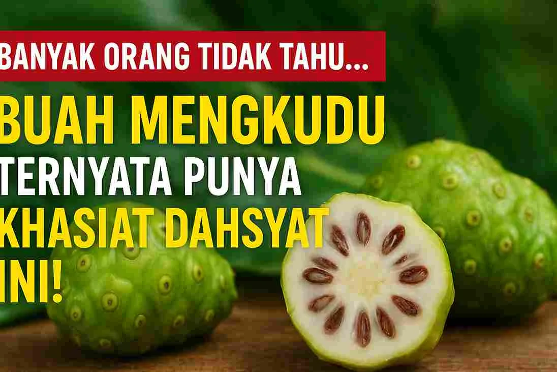 Foto buah mengkudu segar berwarna hijau, salah satunya dibelah untuk memperlihatkan bagian dalamnya, dengan tulisan overlay ‘Banyak Orang Tidak Tahu… Buah Mengkudu Ternyata Punya Khasiat Dahsyat Ini!’.