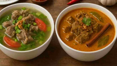 Semangkuk sop kambing berkuah bening dengan tomat dan daun bawang serta semangkuk gulai kambing berkuah kental berwarna oranye dengan rempah, disajikan berdampingan di atas meja kayu.