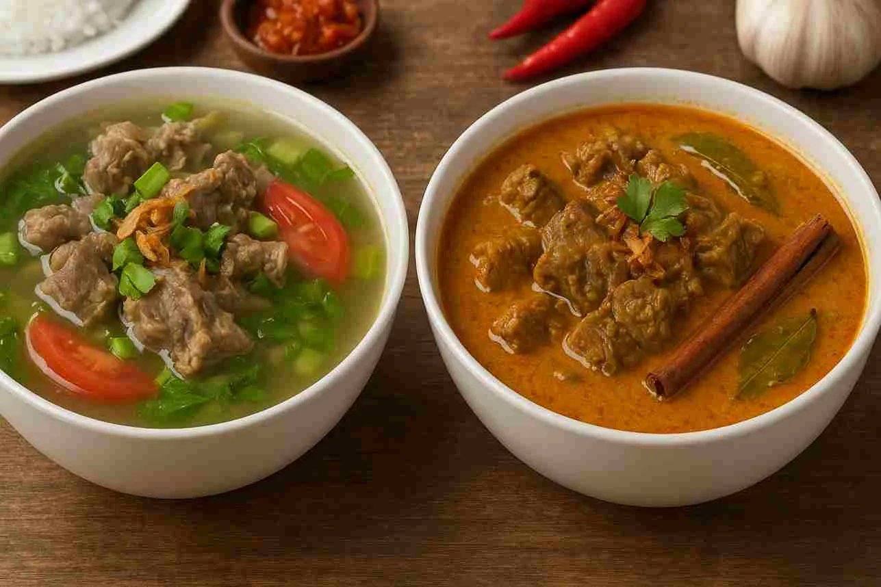Semangkuk sop kambing berkuah bening dengan tomat dan daun bawang serta semangkuk gulai kambing berkuah kental berwarna oranye dengan rempah, disajikan berdampingan di atas meja kayu.
