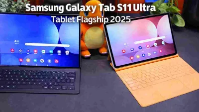Thumbnail Samsung Galaxy Tab S11 Ultra menampilkan dua tablet dengan keyboard, lengkap dengan tulisan judul di bagian atas.