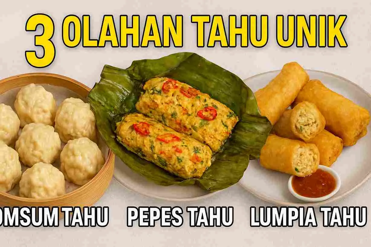 Thumbnail berisi tiga olahan tahu unik: dimsum tahu, pepes tahu, dan lumpia tahu, disajikan dalam tampilan 16:9 dengan judul besar berwarna kuning.