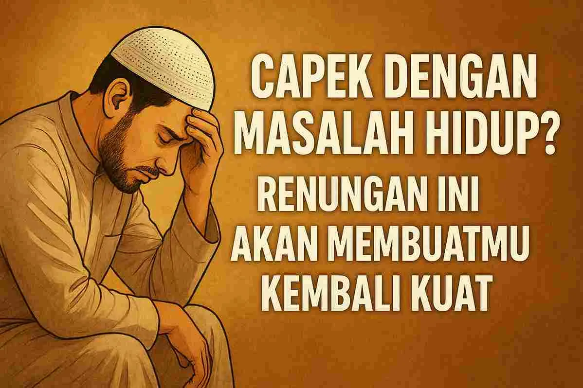 Ilustrasi seorang pria muslim yang tampak lelah dan merenung, dengan teks motivasi “Capek Dengan Masalah Hidup? Renungan Ini Akan Membuatmu Kembali Kuat” di latar belakang warna cokelat hangat.