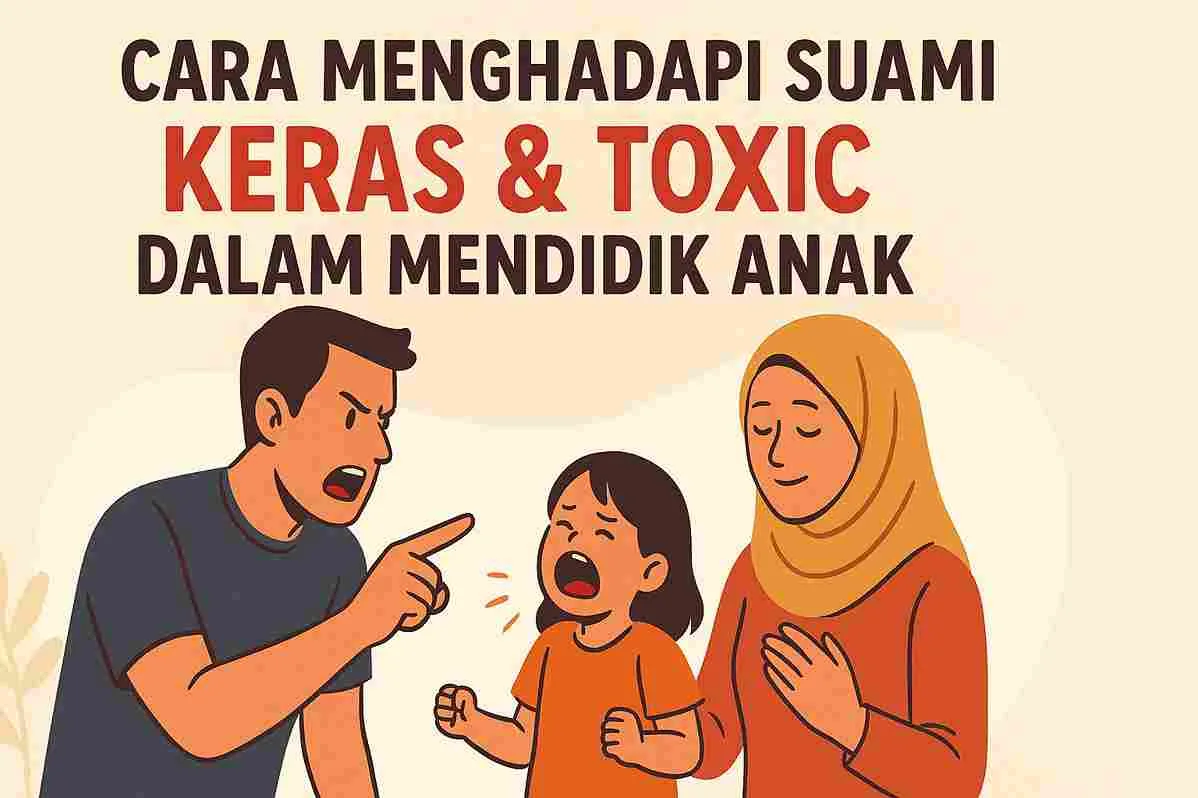 Ilustrasi suami bersikap keras kepada anak kecil sementara istri berhijab mencoba menenangkan suasana dengan lembut, menggambarkan konflik pola asuh dalam keluarga.