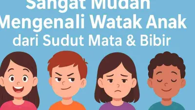Ilustrasi empat anak dengan ekspresi wajah berbeda menunjukkan watak berdasarkan sudut mata dan bibir, untuk artikel parenting tentang mengenali karakter anak.