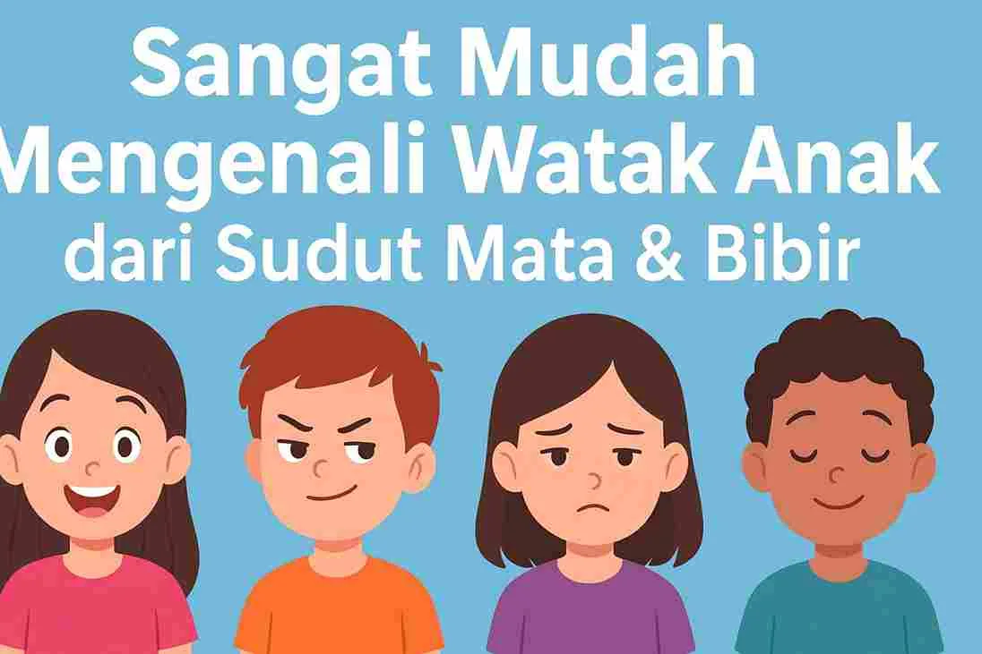 Ilustrasi empat anak dengan ekspresi wajah berbeda menunjukkan watak berdasarkan sudut mata dan bibir, untuk artikel parenting tentang mengenali karakter anak.
