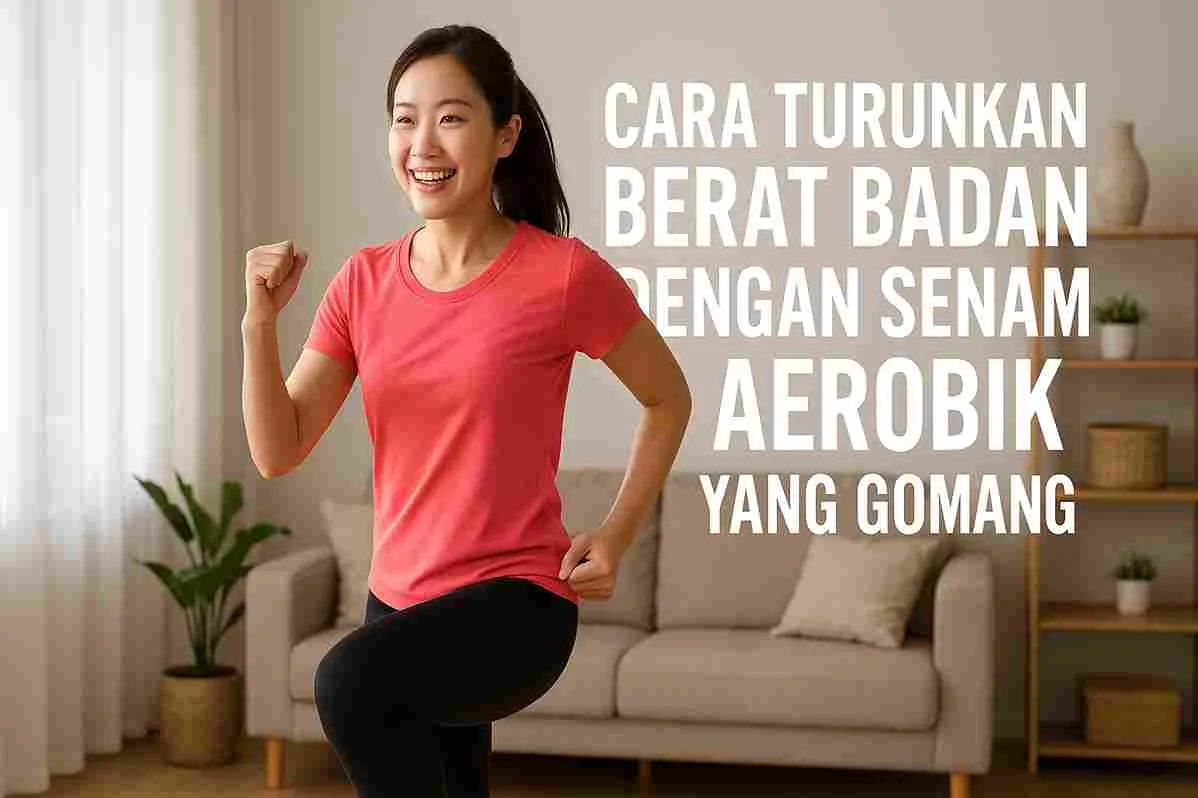 Seorang wanita muda sedang melakukan senam aerobik di ruang tamu rumahnya dengan ekspresi gembira. Ia mengenakan kaus merah dan legging hitam, bergerak mengikuti irama musik untuk membakar kalori dan menurunkan berat badan.