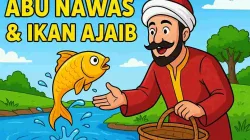 Ilustrasi Abu Nawas melepaskan ikan ajaib berwarna emas di tepi sungai dengan latar alam hijau dan judul “Abu Nawas & Ikan Ajaib” di bagian atas.