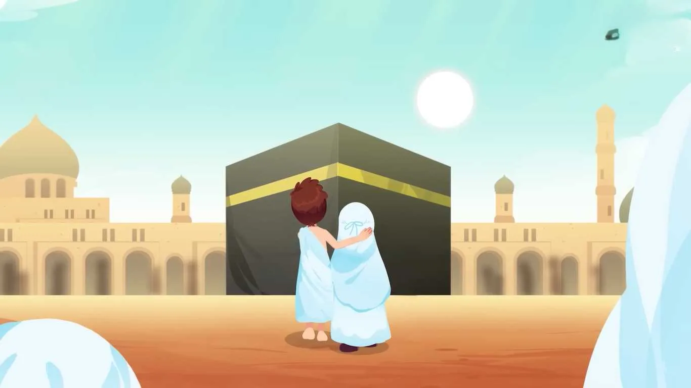 Ilustrasi anak laki-laki dan ibunya berpakaian ihram berdiri di depan Ka'bah di Masjidil Haram dengan suasana siang yang cerah.