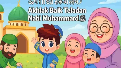 Ilustrasi anak-anak muslim bersama ayah dan nenek di halaman masjid, belajar meneladani akhlak Nabi Muhammad ﷺ dengan ceria dan penuh kasih.