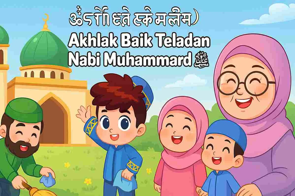 Ilustrasi anak-anak muslim bersama ayah dan nenek di halaman masjid, belajar meneladani akhlak Nabi Muhammad ﷺ dengan ceria dan penuh kasih.