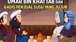 Ilustrasi Umar bin Khattab berbicara dengan gadis penjual susu dan ibunya dalam kisah teladan islami tentang kejujuran.