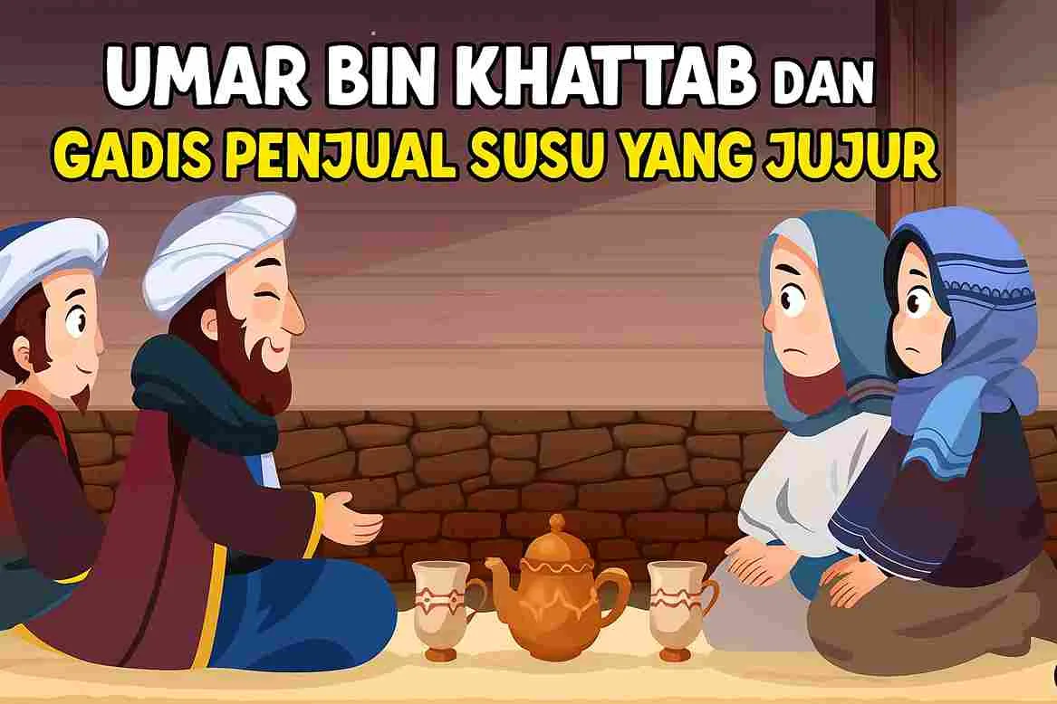 Ilustrasi Umar bin Khattab berbicara dengan gadis penjual susu dan ibunya dalam kisah teladan islami tentang kejujuran.