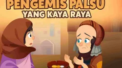 Ilustrasi pengemis palsu yang sedang meminta sedekah kepada seorang wanita berhijab di desa bergaya Timur Tengah, dengan mangkuk berisi koin emas di depannya.