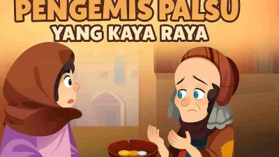 Ilustrasi pengemis palsu yang sedang meminta sedekah kepada seorang wanita berhijab di desa bergaya Timur Tengah, dengan mangkuk berisi koin emas di depannya.