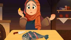 Ilustrasi wanita berhijab menemukan koin emas di dalam perut ikan di dapur hangat, terinspirasi dari kisah “Emas di Dalam Perut Ikan”.