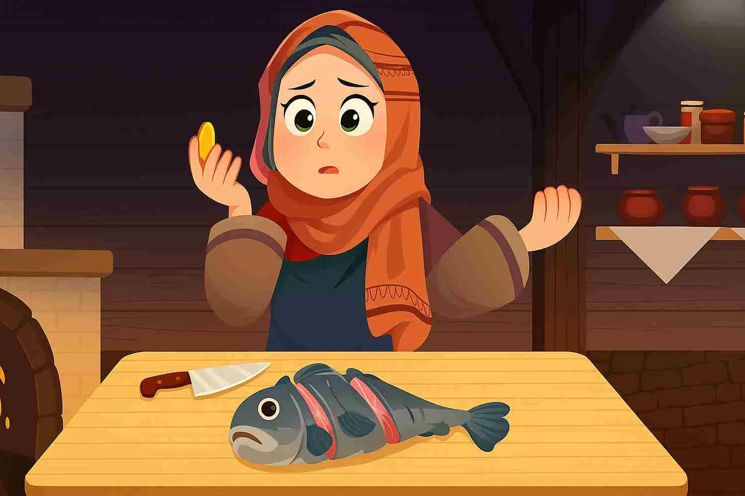 Ilustrasi wanita berhijab menemukan koin emas di dalam perut ikan di dapur hangat, terinspirasi dari kisah “Emas di Dalam Perut Ikan”.