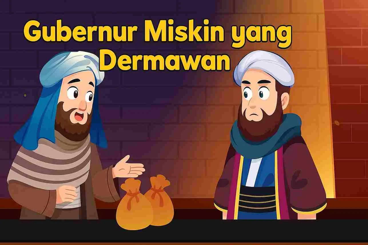 Ilustrasi dua pria berpakaian Arab klasik sedang berbicara di dalam ruangan dengan suasana hangat, menggambarkan kisah Gubernur miskin yang dermawan dari dongeng anak muslim.