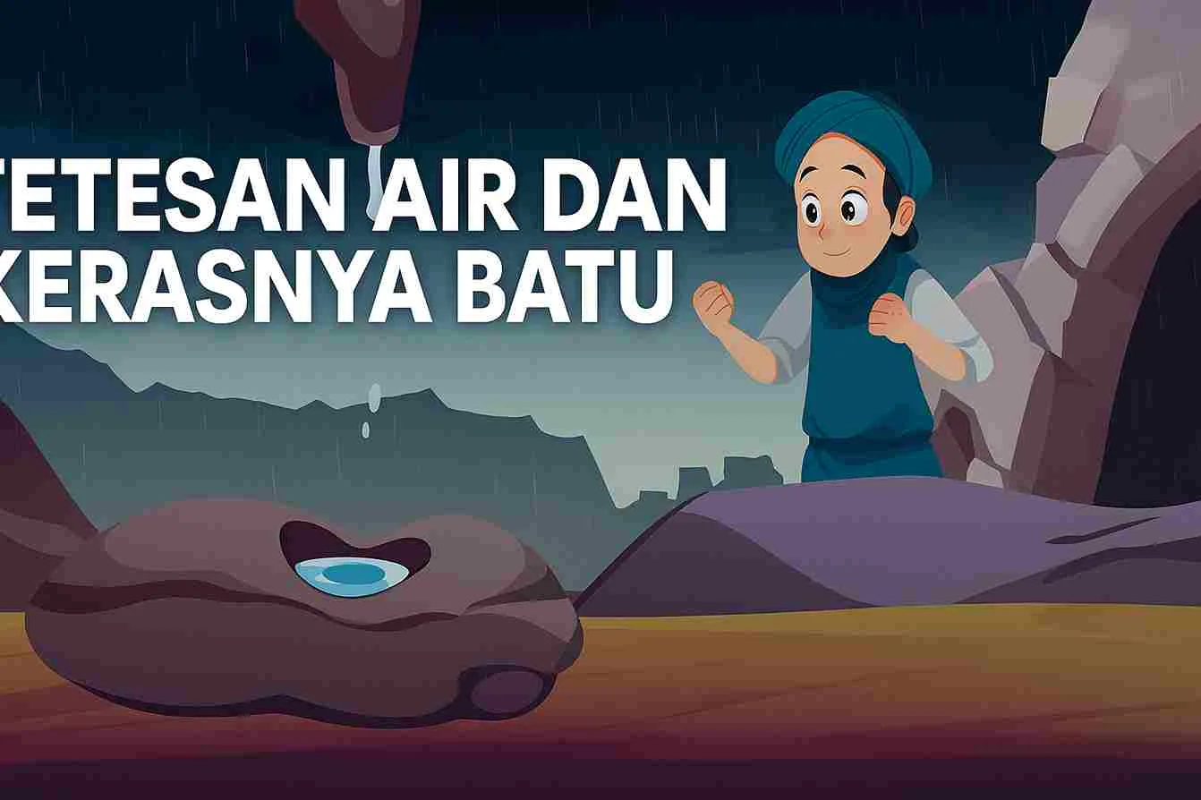 Ilustrasi seorang anak muslim sedang memperhatikan tetesan air yang jatuh ke atas batu di tengah hujan, melambangkan ketekunan dan semangat belajar.