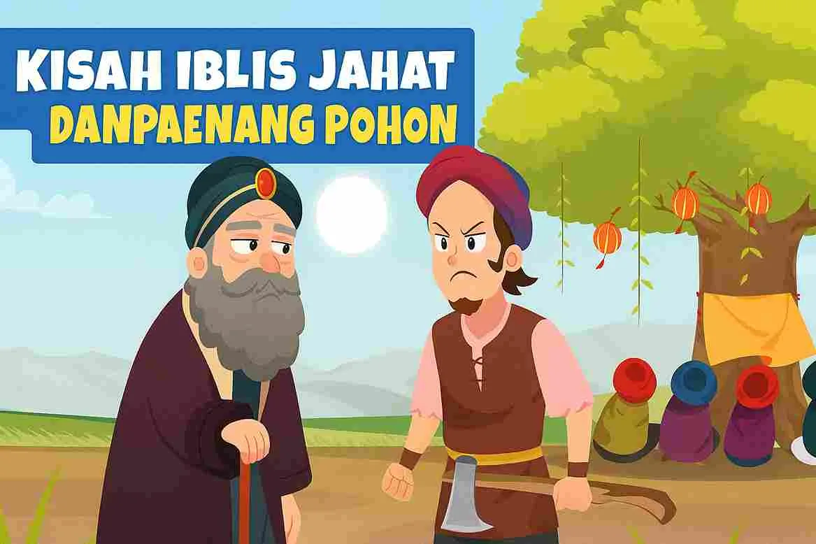 Ilustrasi kartun kisah islami anak berjudul Iblis Jahat dan Penebang Pohon, menampilkan penebang pohon yang marah memegang kapak dan kakek tua misterius di bawah pohon besar yang disembah orang.