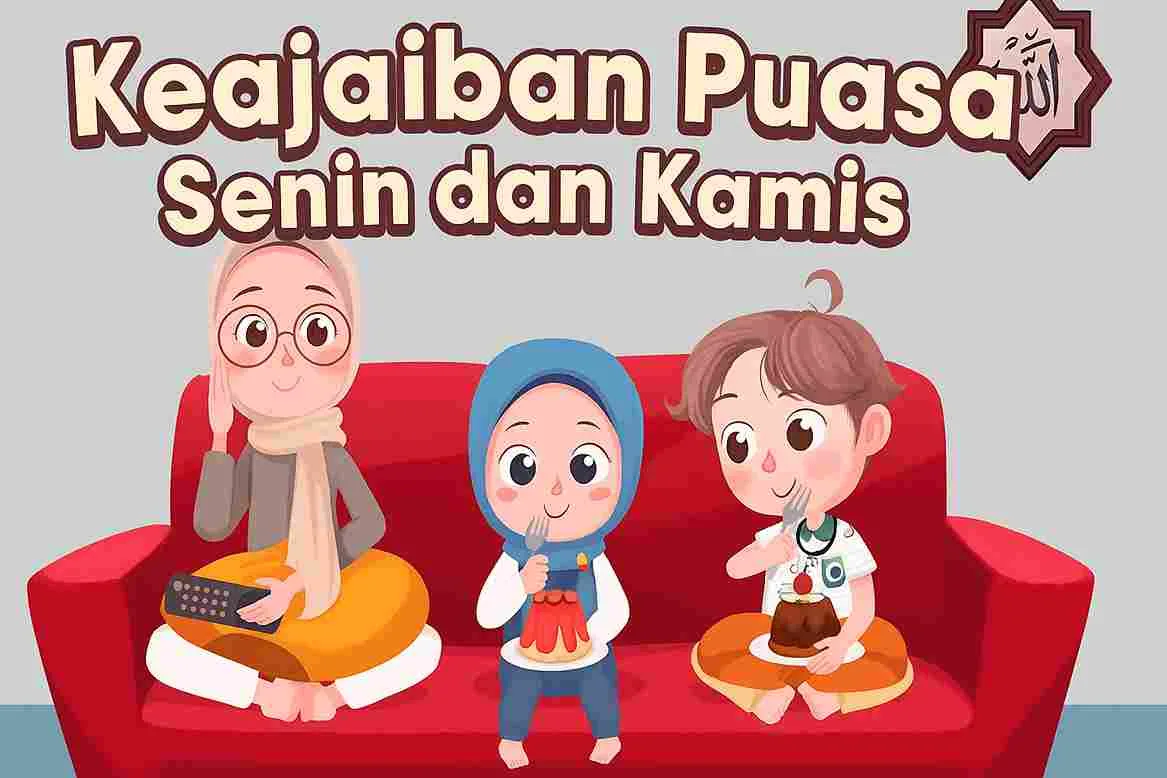 Ilustrasi tiga anak duduk di sofa merah sambil menikmati kue, menggambarkan suasana ceria dalam kisah “Keajaiban Puasa Senin dan Kamis”.