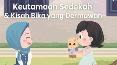 Ilustrasi anak berhijab dan temannya sedang berbagi boneka di taman sebagai simbol sedekah dan kebaikan hati.