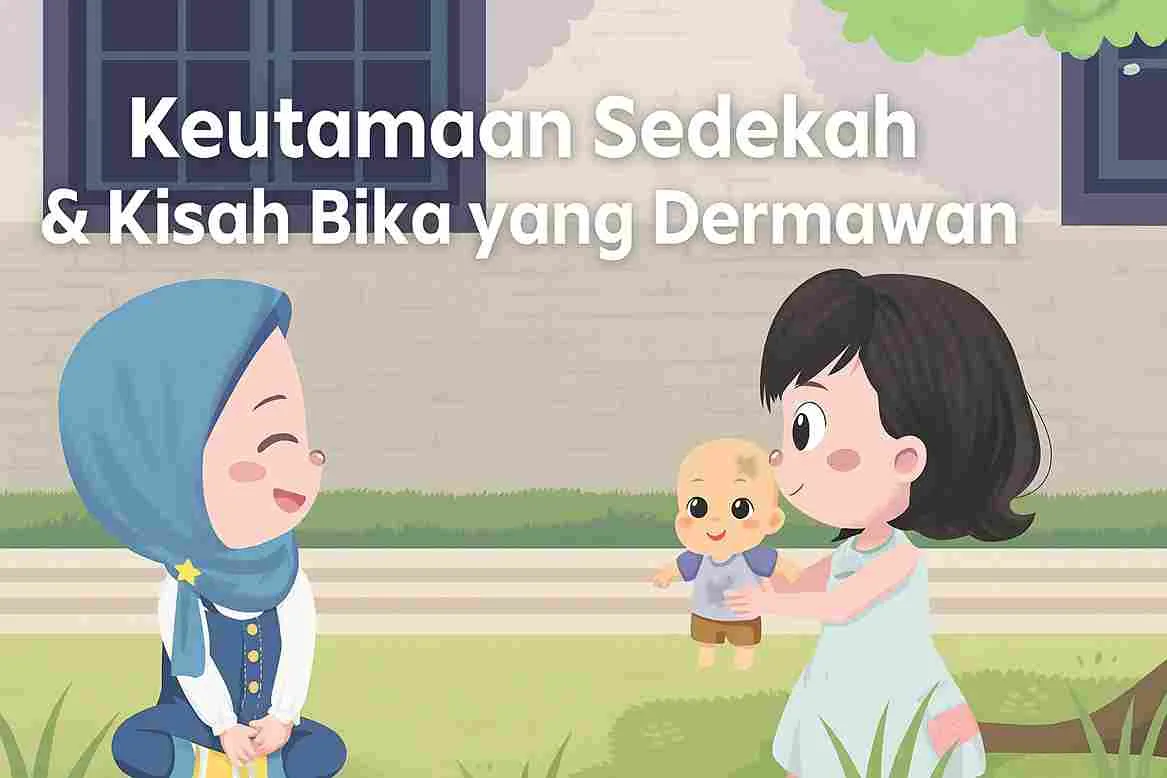 Ilustrasi anak berhijab dan temannya sedang berbagi boneka di taman sebagai simbol sedekah dan kebaikan hati.