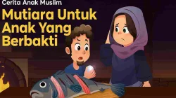 Ilustrasi anak muslim menemukan mutiara di dalam ikan, bersama istrinya di dapur sederhana, dengan judul “Mutiara Untuk Anak Yang Berbakti”.