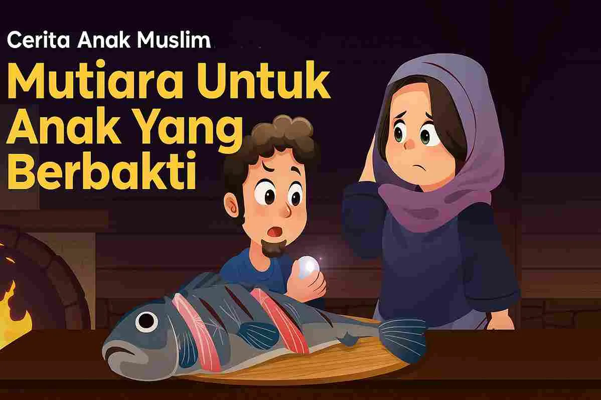Ilustrasi anak muslim menemukan mutiara di dalam ikan, bersama istrinya di dapur sederhana, dengan judul “Mutiara Untuk Anak Yang Berbakti”.