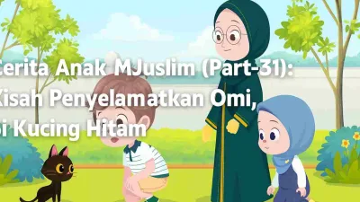 Ilustrasi anak-anak Muslim bersama seorang ibu yang menemukan seekor kucing hitam kecil di taman, sebagai thumbnail cerita “Kisah Penyelamatkan Omi, Si Kucing Hitam”.