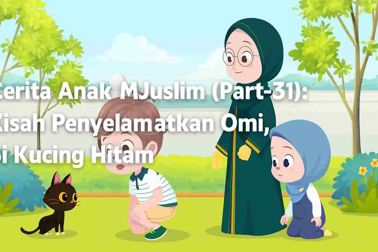 Ilustrasi anak-anak Muslim bersama seorang ibu yang menemukan seekor kucing hitam kecil di taman, sebagai thumbnail cerita “Kisah Penyelamatkan Omi, Si Kucing Hitam”.