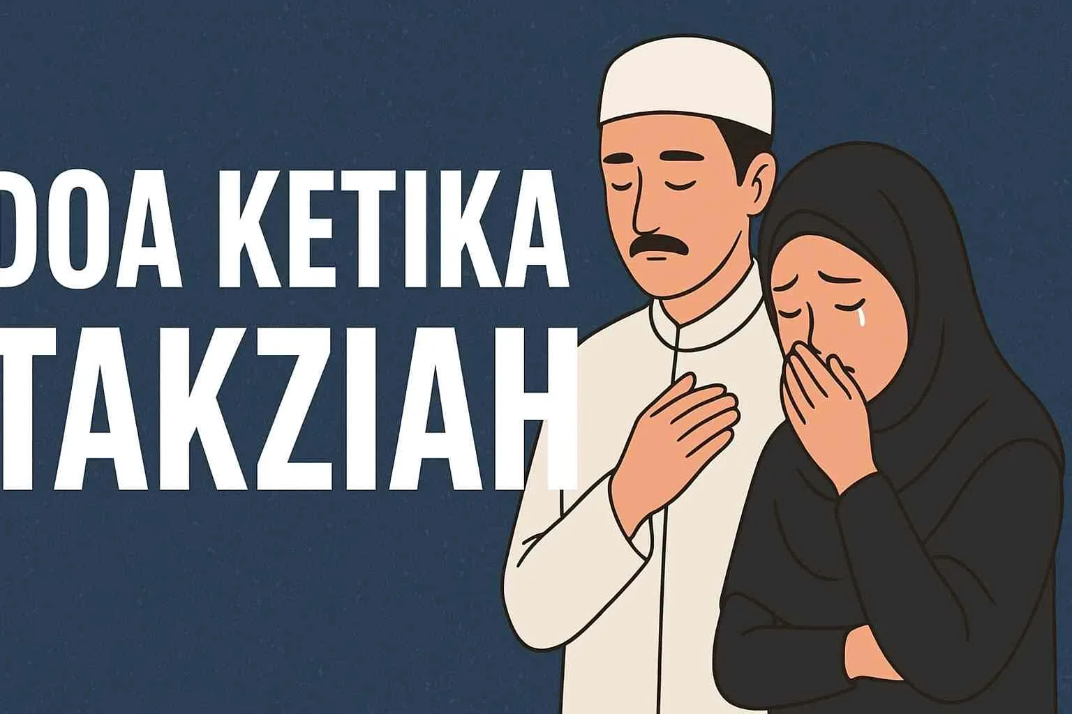 Ilustrasi sepasang muslim sedang berdoa dan berduka dengan tulisan “Doa Ketika Takziah” di latar belakang biru gelap.