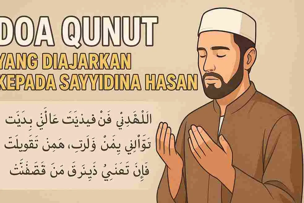 Ilustrasi seorang muslim sedang berdoa dengan kedua tangan terangkat, disertai tulisan “Doa Qunut yang Diajarkan kepada Sayyidina Hasan” dan teks Arab doa Qunut, tampilan desain warna coklat lembut ukuran 16:9.