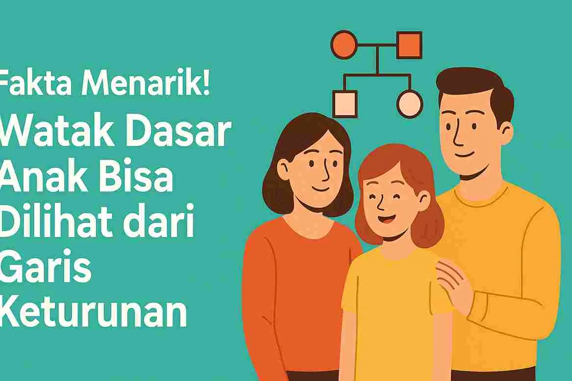 Ilustrasi orang tua mengamati karakter anak melalui kaca pembesar dengan elemen DNA dan ikon emosi, menggambarkan pengaruh genetik terhadap watak anak.