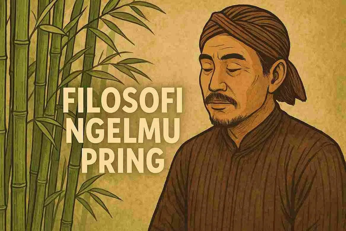 Ilustrasi laki-laki Jawa berbusana tradisional berdiri di samping rumpun bambu, menggambarkan filosofi Ngelmu Pring tentang kebijaksanaan dan kerendahan hati.